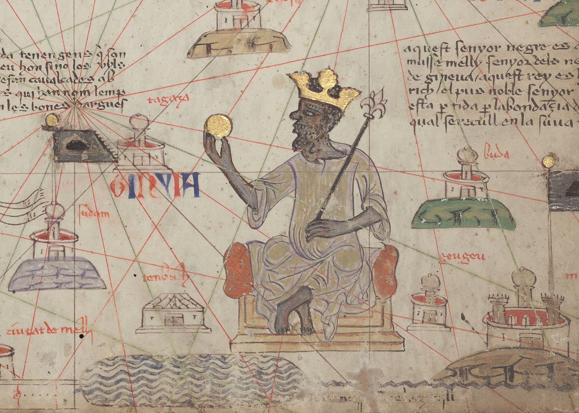 Mansa Moussa représenté dans l'Atlas catalan de 1375, tenant une pépite d'or.